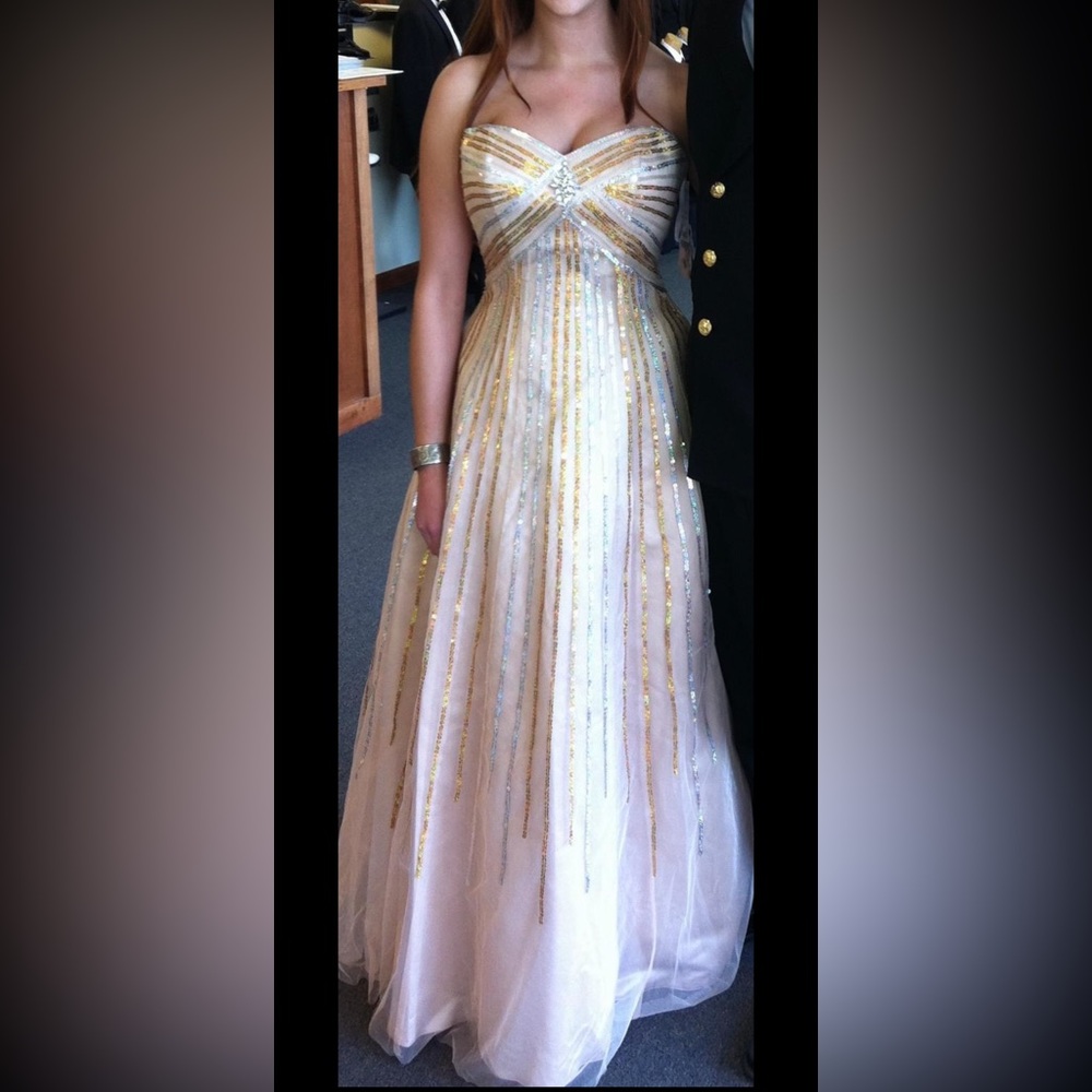 Tiffany designs champagne sequin evening gown, prom, formal dress